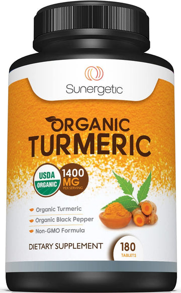 Sunergetic Usda Certified Organic Turmeric Supplement – Includes Organic Turmeric & Organic Black Pepper – 1,400Mg Of Turmeric Per Serving - 180 Count (Pack Of 1)