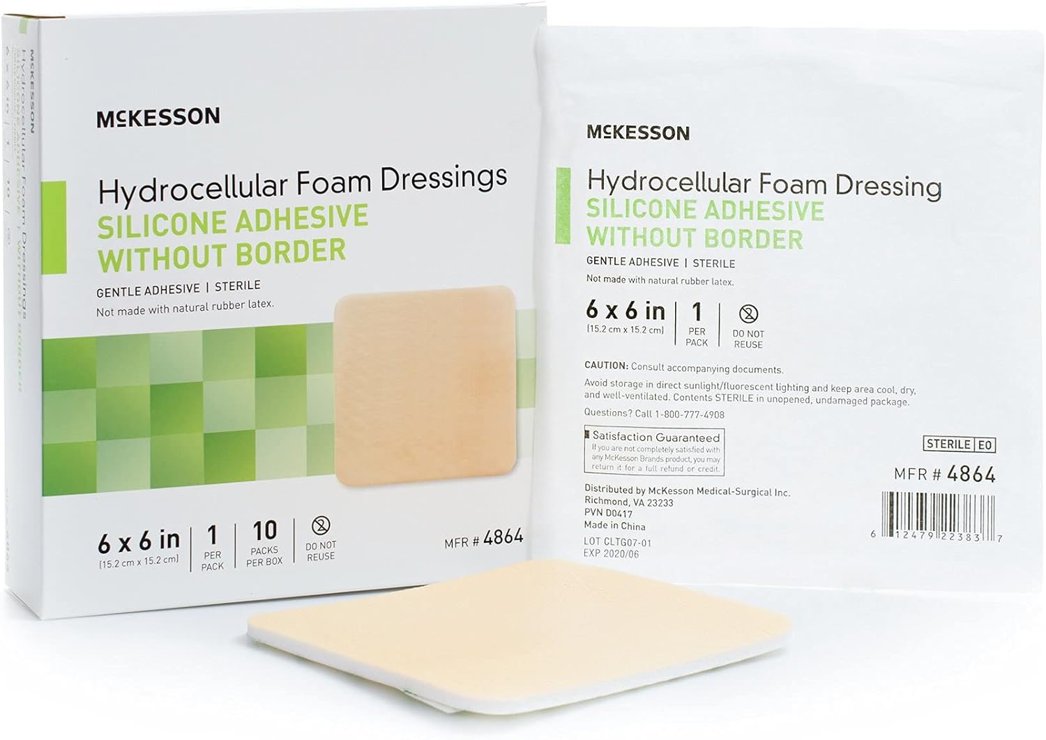 McKesson Hydrocellular Foam Dressings, Sterile, Silicone Adhesive Without Border, 6 in x 6 in, 10 Count, 1 Pack : Health & Household