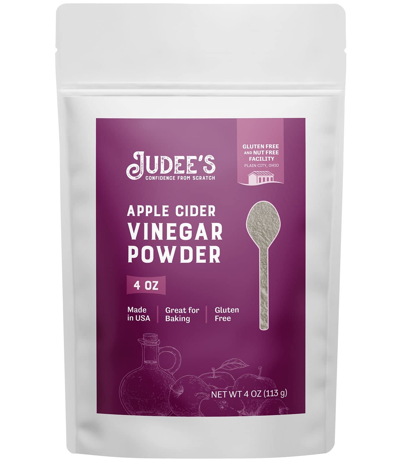 Judee'S Apple Cider Vinegar Powder 4 Oz - Gluten-Free And Nut-Free - Keto-Friendly And Great For Baking And Cooking - Add To Marinades, Glazes, Dry Rubs, And More