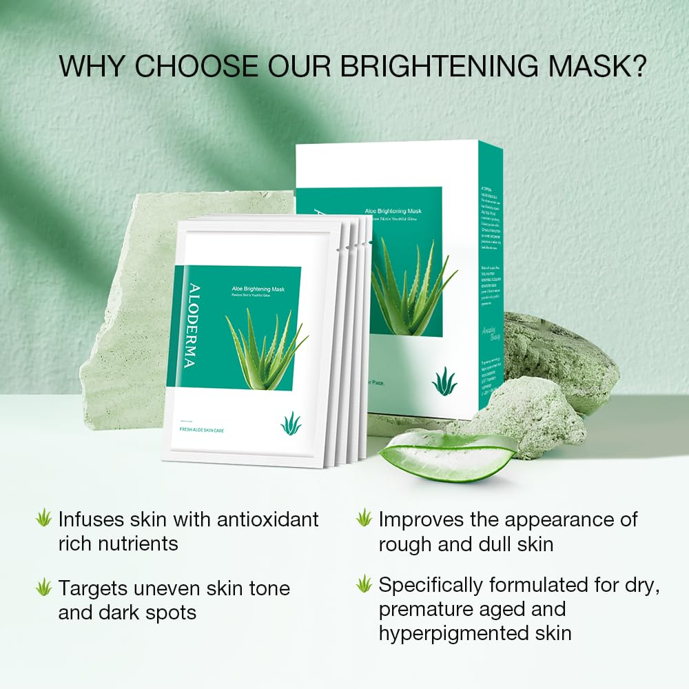 Aloderma Brightening Sheet Masks with 88% Organic Aloe Vera - 5 Pack Facial Masks with Niacinamide, Arginine for Radiant Skin - Evens Skin Tone & Revitalizes Rough, Dull Skin - Aloe Face Mask Sheet : Beauty & Personal Care