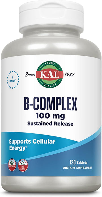 KAL B-100 Complex - Sustained Release Vitamin B Complex - Healthy Energy Support with Natural Support Base and Fresh Minty Coating - Vegetarian - 60 Day Guarantee - 120 Servings, 120 Tablets