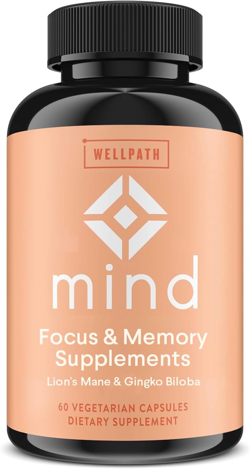 WellPath Mind Brain Supplement with Lion's Mane - Natural Formula to Boost Focus & Memory with Ginkgo Biloba, and L-Theanine for Long Term Brain Support, Herbal, 60 Ct