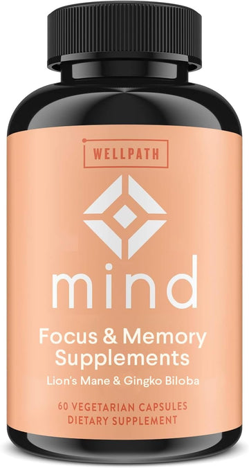 WellPath Mind Brain Supplement with Lion's Mane - Natural Formula to Boost Focus & Memory with Ginkgo Biloba, and L-Theanine for Long Term Brain Support, Herbal, 60 Ct