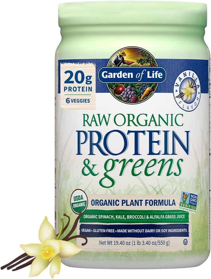Garden Of Life Raw Organic Protein & Greens - Vanilla - Vegan Protein Powder For Women And Men, Plant Protein, Pea Protein, Greens & Probiotics - Dairy Free, Gluten Free Low Carb Shake, 20 Servings