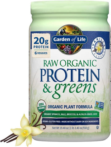 Garden Of Life Raw Organic Protein & Greens - Vanilla - Vegan Protein Powder For Women And Men, Plant Protein, Pea Protein, Greens & Probiotics - Dairy Free, Gluten Free Low Carb Shake, 20 Servings