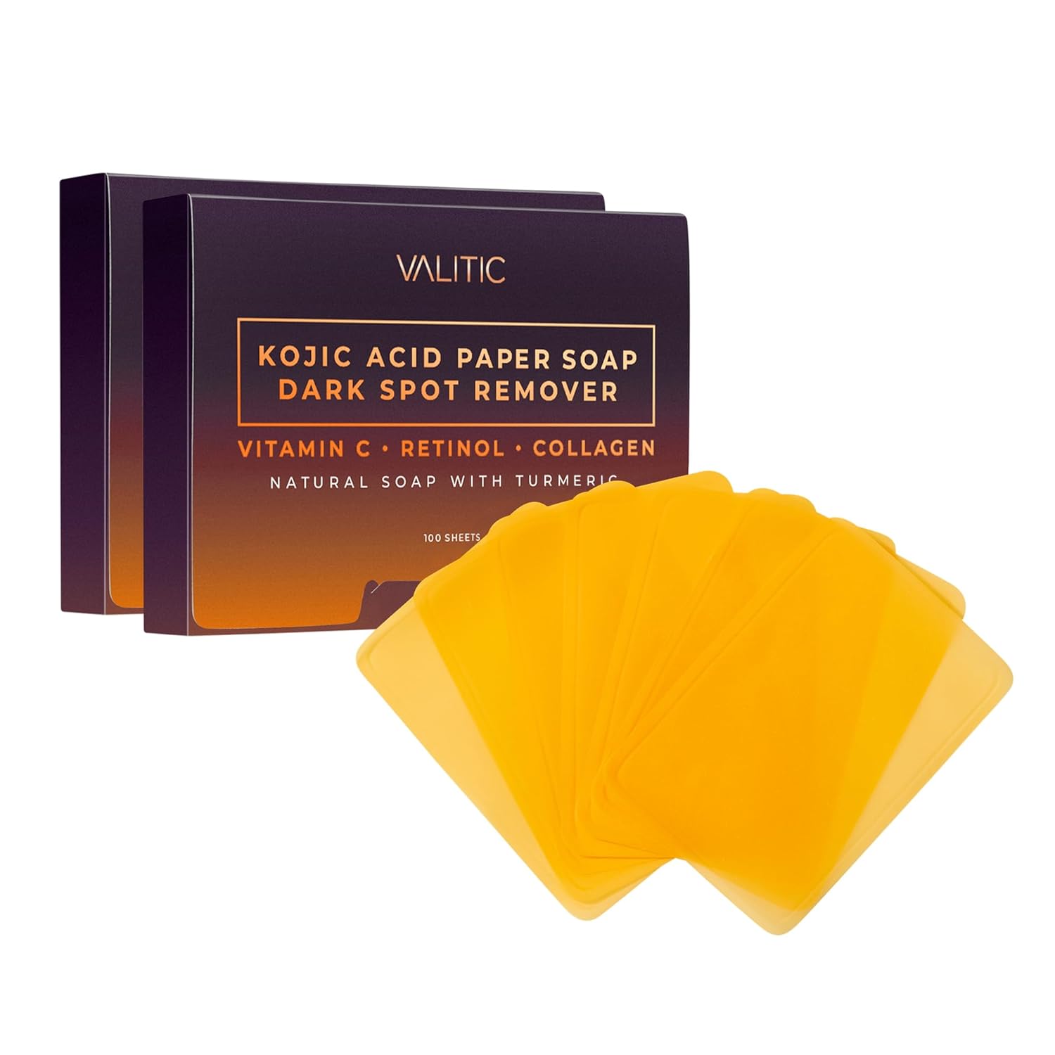 Valitic Kojic Acid Dark Spot Corrector Paper Soap - Travel Size - 100 Portable And Dissolvable Soap Sheets - With Vitamin C, Retinol, Collagen And Turmeric - 2 Pack