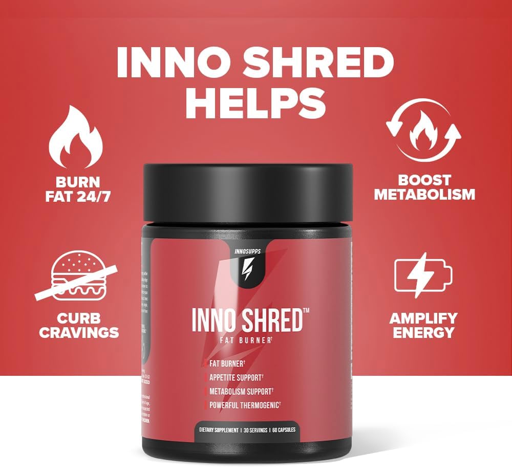 Inno Shred Fat Burner for Men and Women with 100mg Capsimax, Grains of Paradise, Organic Caffeine, Green Tea Extract, Appetite Suppressant, Weight Loss (60 Veggie Capsules) | (with Stimulant) : Health & Household