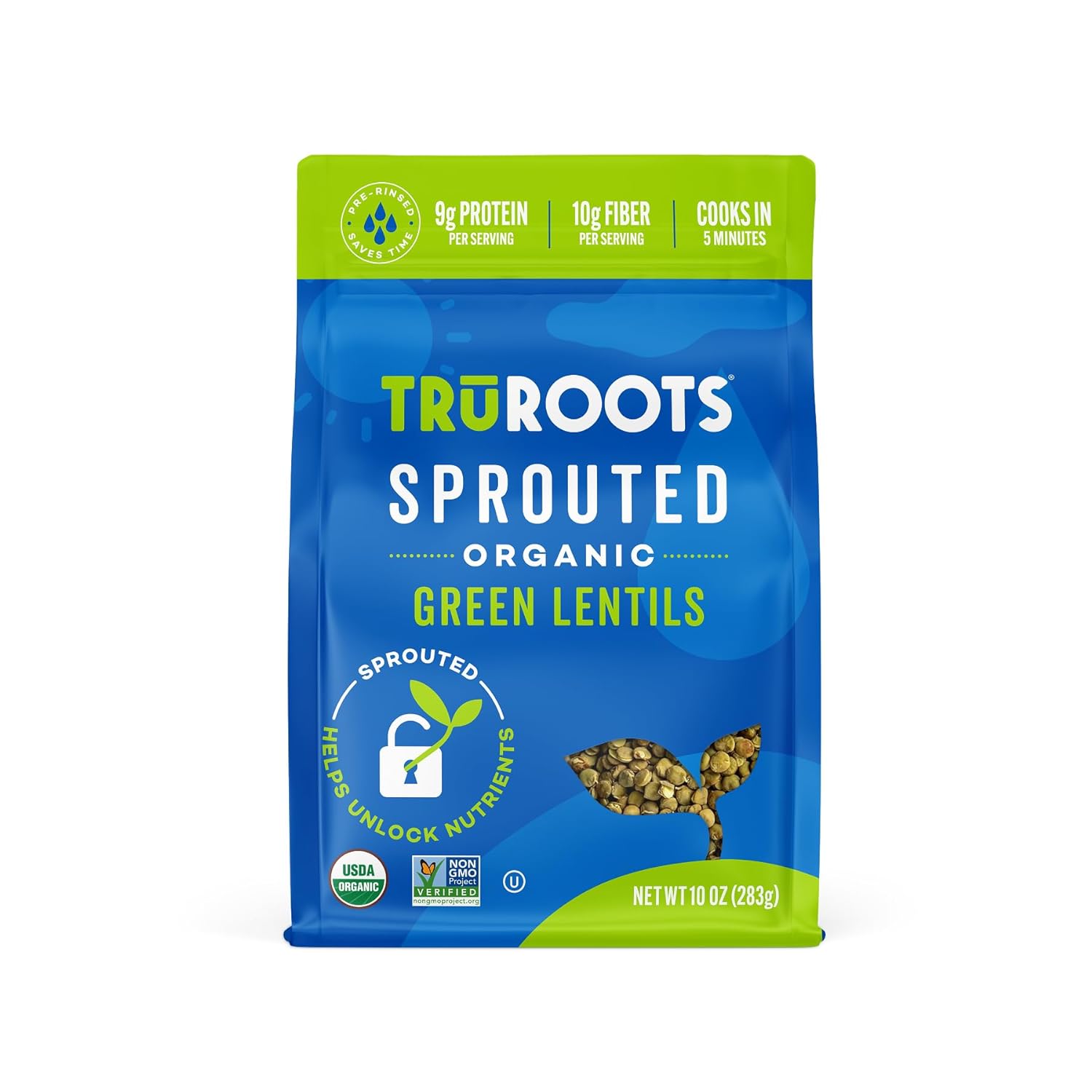 TruRoots Organic Sprouted Green Lentils, 10 Ounces, Certified USDA Organic, Non-GMO Project Verified