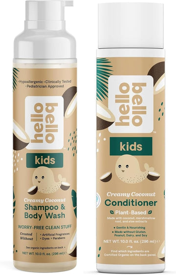 Hello Bello Creamy Coconut Tear-Free Shampoo & Body Wash - 10 Oz + Conditioner - Gentle Hypoallergenic, Ph-Balanced, Plant-Based, Vegan, And Dermatologist-Tested