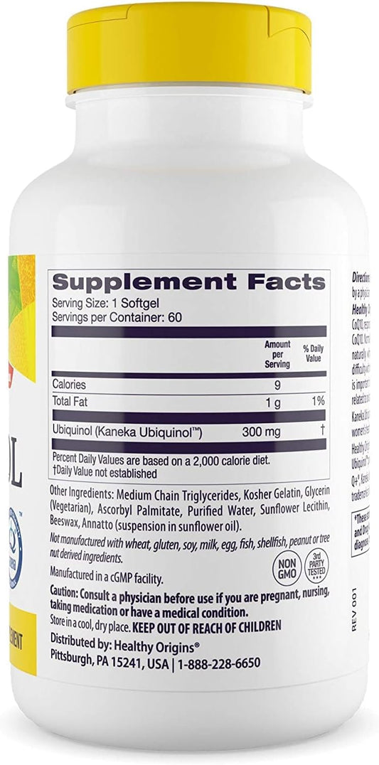Healthy Origins Ubiquinol (Active form of CoQ10), 300 mg - Activated Form of CoQ10 - Kaneka Ubiquinol Supplements for Heart Health & Antioxidant Support - Gluten-Free & Non-GMO - 60 Softgels