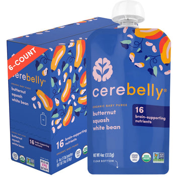 Cerebelly Baby Food Pouches – Organic Butternut Squash White Bean (4 oz, Pack of 6) - Toddler Snacks, 16 Brain-Supporting Nutrients, Made with Gluten Free Ingredients, No Added Sugar