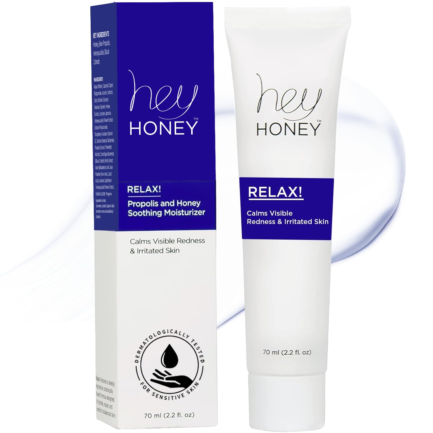 Hey Honey Skincare Relax, Instant Rosacea Treatment & Face Redness Relief - Dermatologically Tested Calming Moisturizer For Sensitive Skin Oil- Free With Honey & Propolis Anti-Aging Benefits | 2.2 Oz