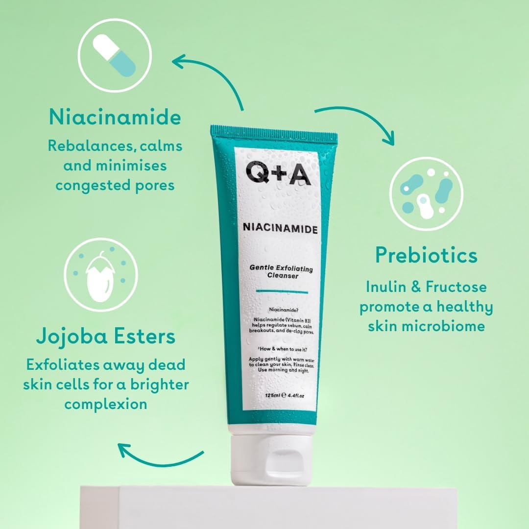 Q+A Niacinamide Gentle Exfoliating Face Cleanser (125ml), Face Scrub, Exfoliating Face Wash with Jojoba Esters and Prebiotics, Cleanses While Calming Sensitivity and Blemish-Prone Skin, Fragrance Free : Amazon.co.uk: Health & Personal Care
