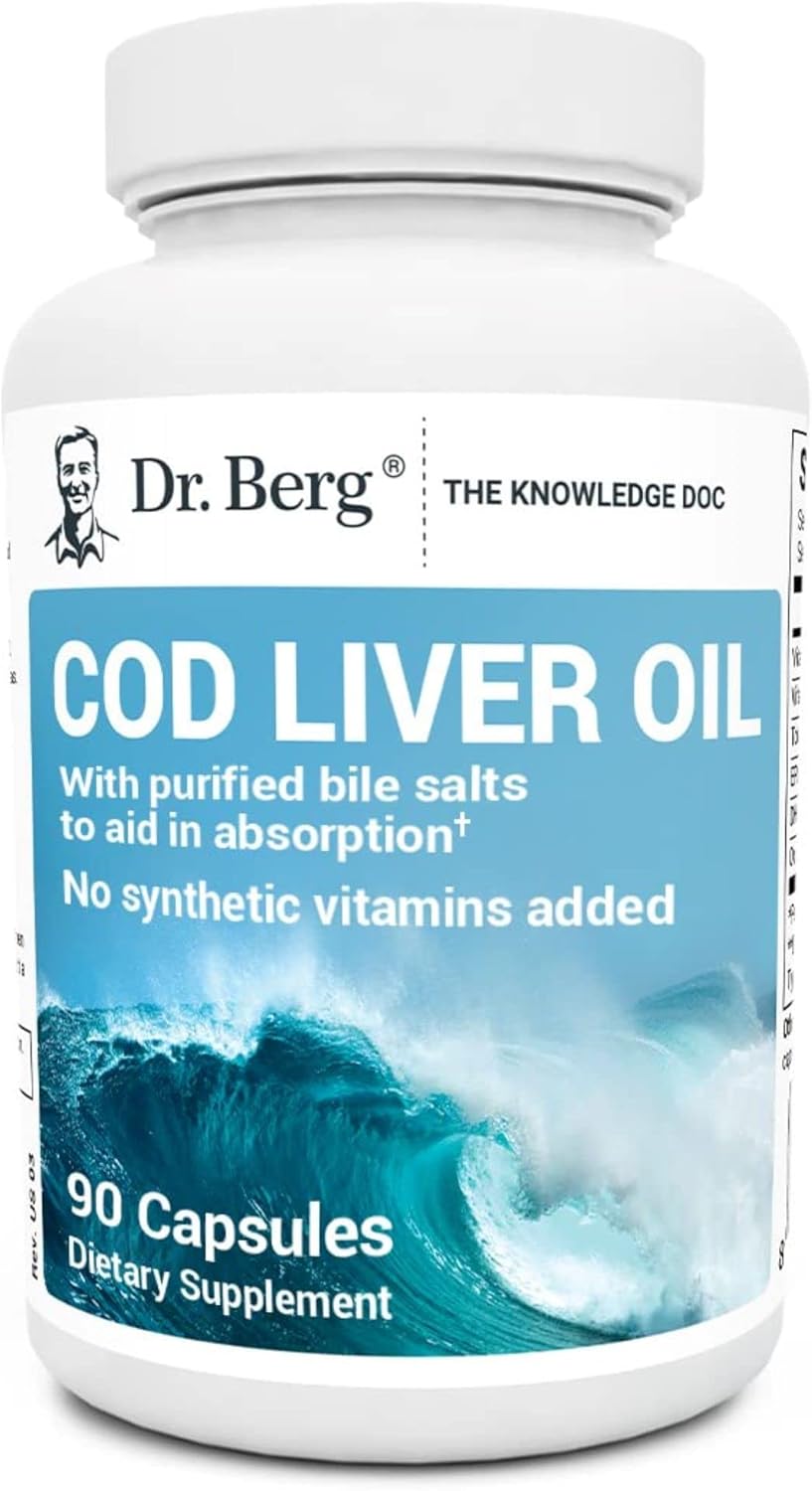 Dr. Berg Cod Liver Oil Capsules from Wild Caught Cod - No Smells or Bad Aftertaste - Rich in Omega-3 Fatty Acids (DHA & EPA), Vitamins A & D - Gluten-Free & Non-GMO Supplement - 90 Capsules