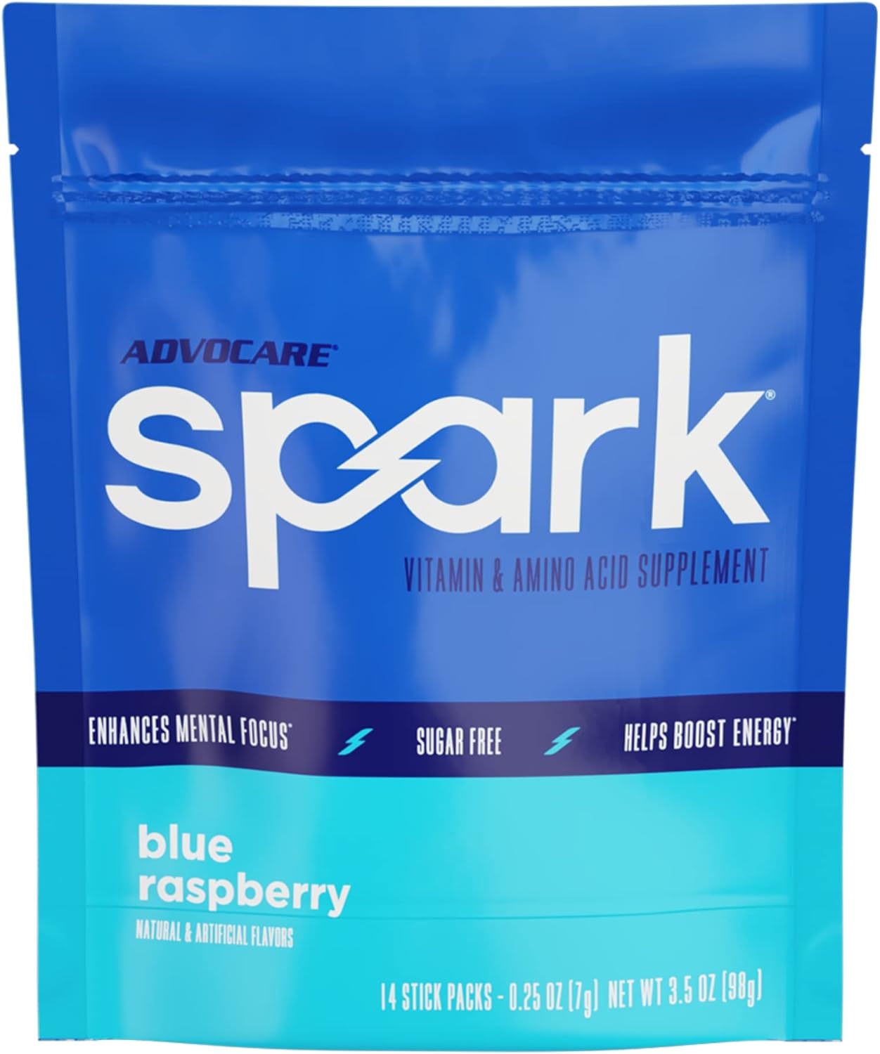 Advocare Spark Vitamin & Amino Acid Supplement - Focus & Energy Drink Powder Mix With Vitamin A, B-6, C & E - Also Includes L-Carnitine & L-Tyrosine - Blue Raspberry, 14 Stick Packs