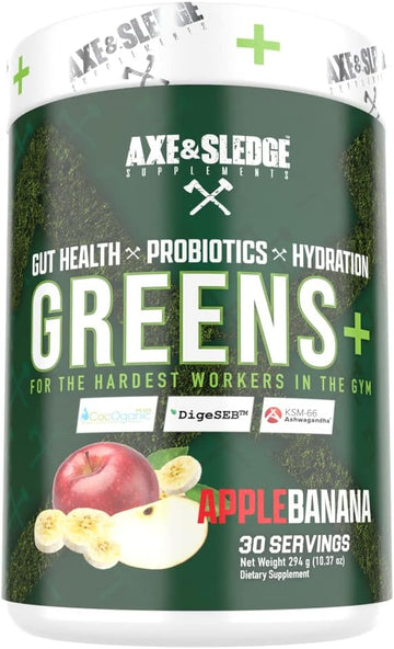 Axe & Sledge Supplements Greens+ Superfood Powder with Antioxidants, Probiotics, Digestive Enzymes, KSM-66 Ashwagandha, and Coconut Water Powder, Naturally Flavored & Sweetened, 30 Servings