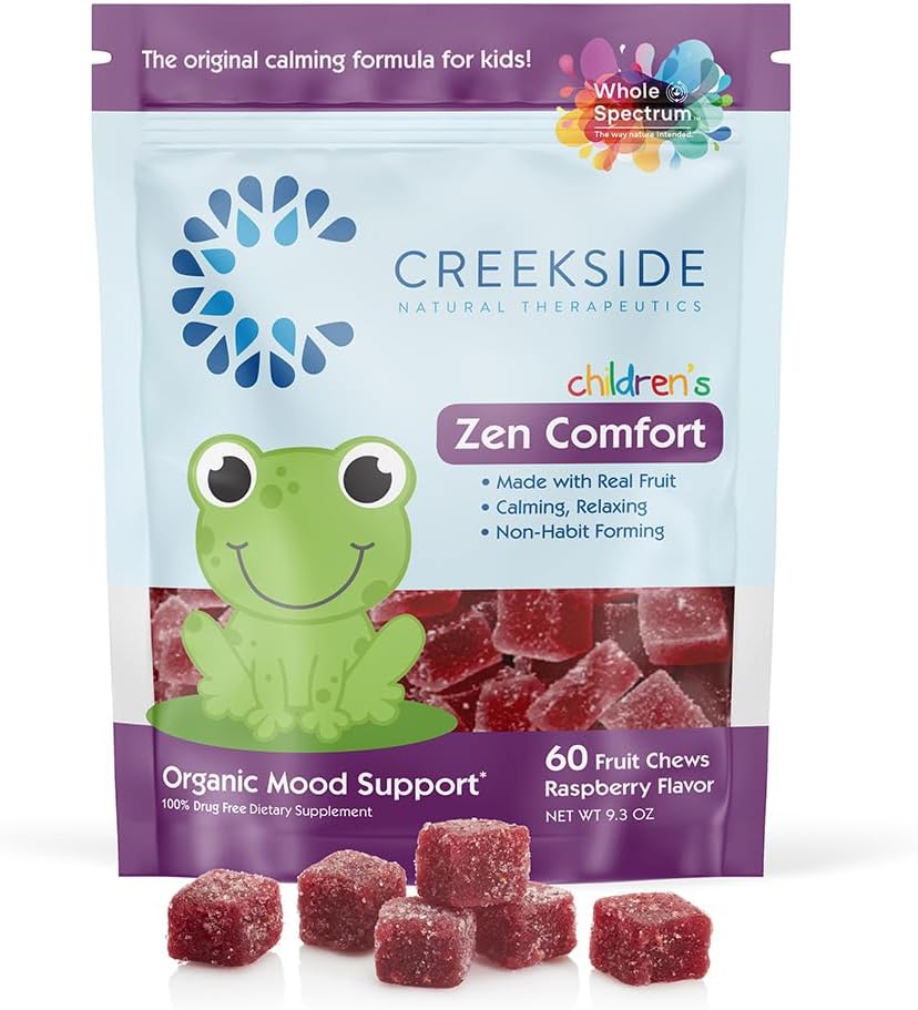 Creekside Naturals Children's Zen Comfort, Real Fruit Chews with L5-HTP, Passionflower, Zinc, Pediatrician Formulated, Vegan Gummies, Raspberry Flavor, 60 Fruit Chews