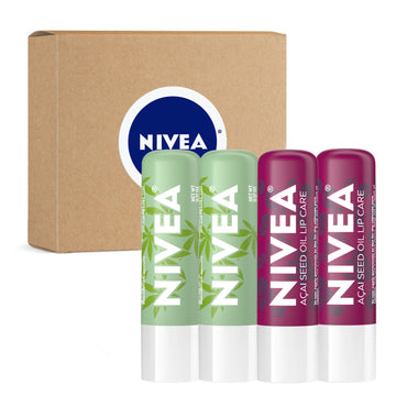 NIVEA Vegan Lip Care Variety Pack, Acai and Hemp Seed Oil Shea Butter Lip Balm Sticks, Pack of 4