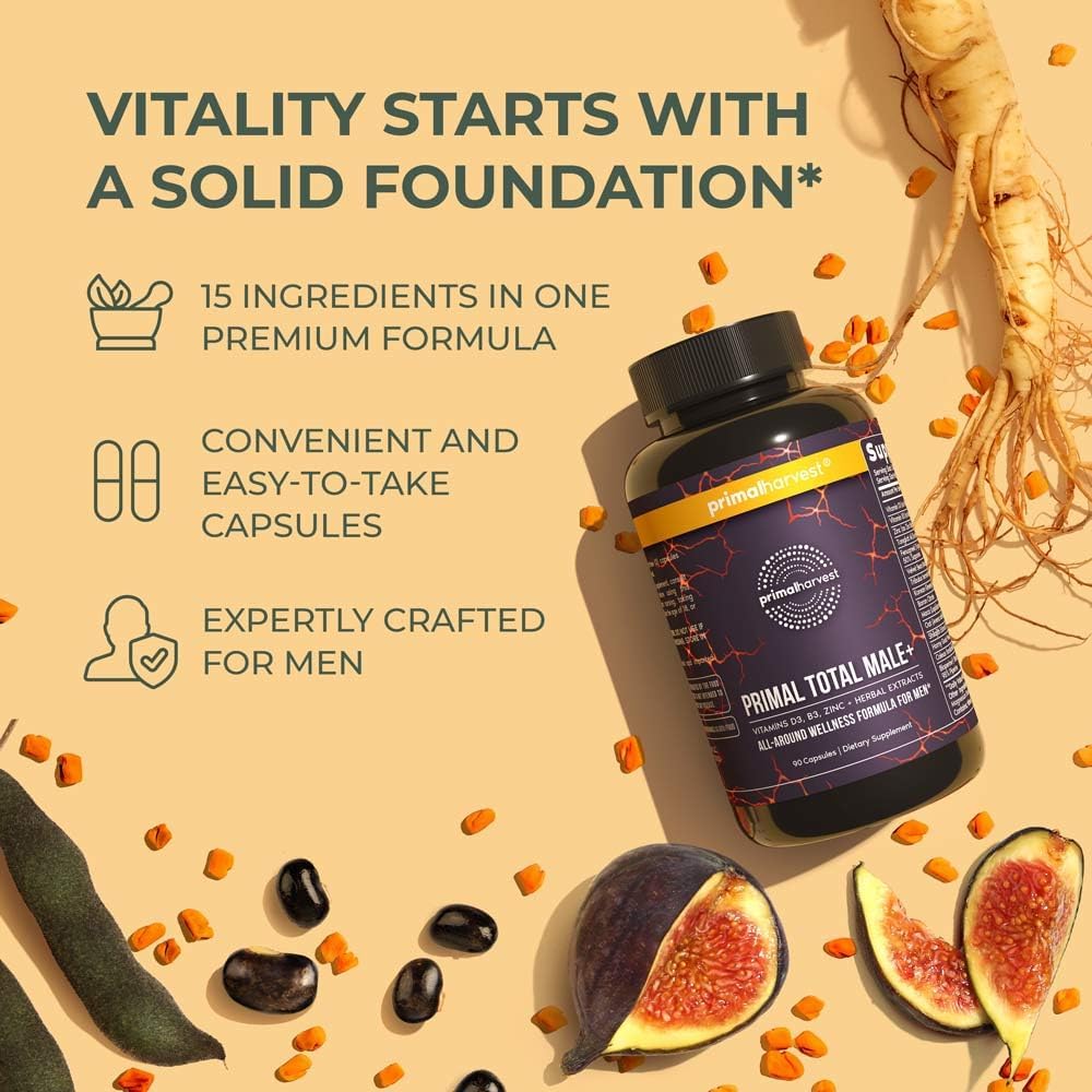 Primal Harvest Primal Total Male Natural Tribulus Terrestris, Fenugreek, Korean Ginseng, Maca Root Horny Goat Weed for Men Booster, Max Boost 90 Capsules… : Health & Household