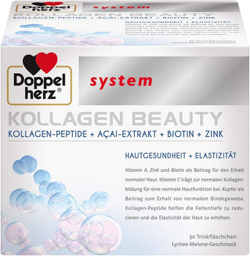 Doppelherz Collagen Beauty, 30 Drinking Bottles - With Collagen Peptides, Açai Extract, Biotin, Zinc - Anti-Wrinkles, Skin Health