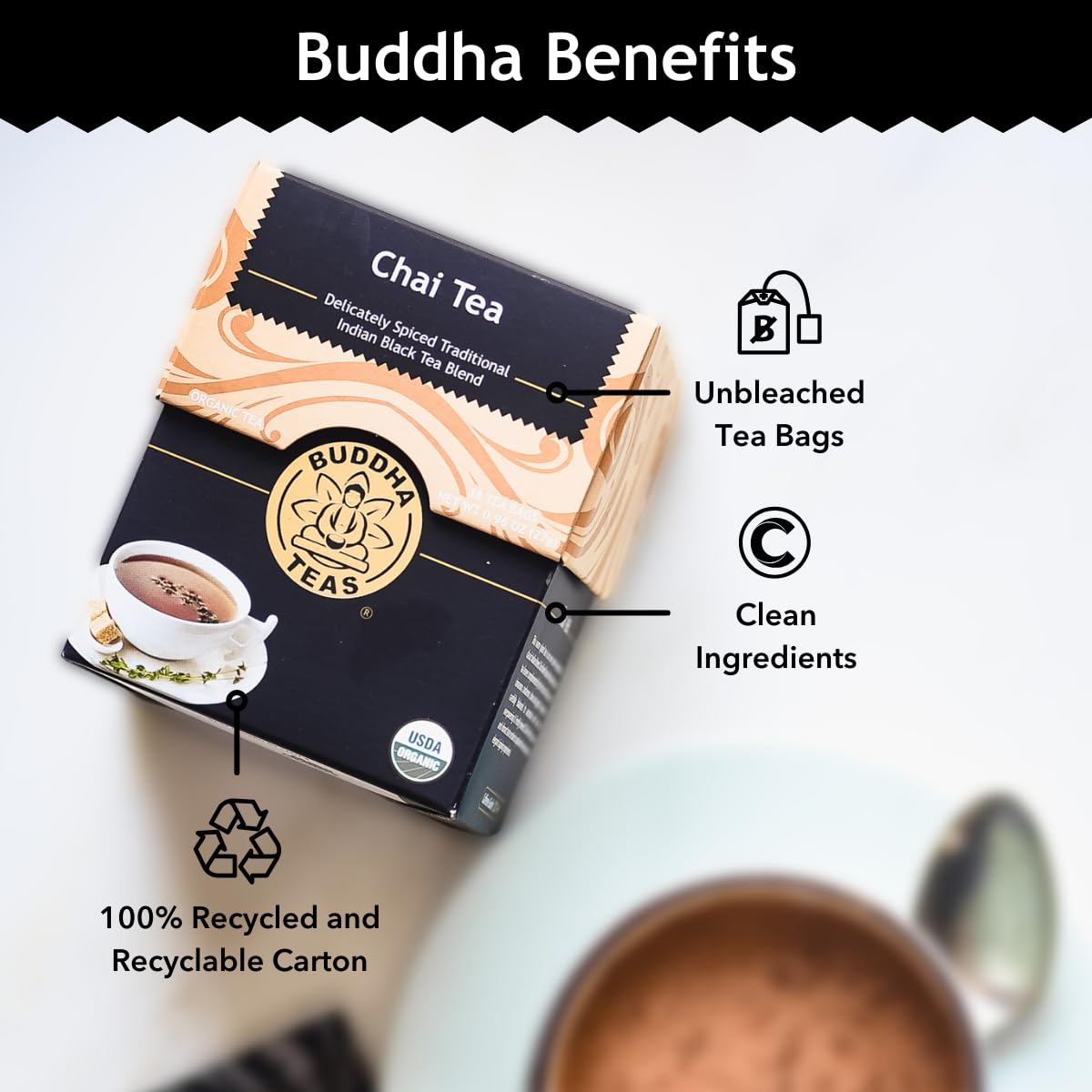 Buddha Teas - Organic Chai Tea - Delicately Spiced & Warming - For Health & Wellbeing - With Antioxidants & Minerals - Clean Ingredients - With Caffeine - Ou Kosher & Non-Gmo - 18 Tea Bags (Pack Of 1)