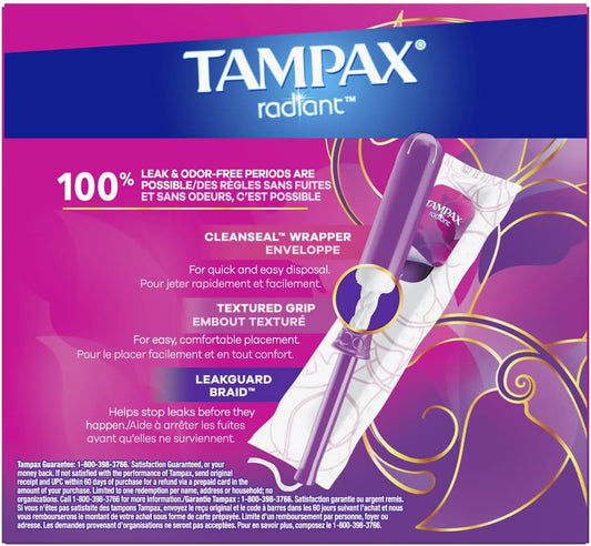 Tampax Radiant Tampons Light Absorbency with BPA-Free Plastic Applicator and LeakGuard Braid, Unscented, 28 Count x 3 Packs (84 Count Total)