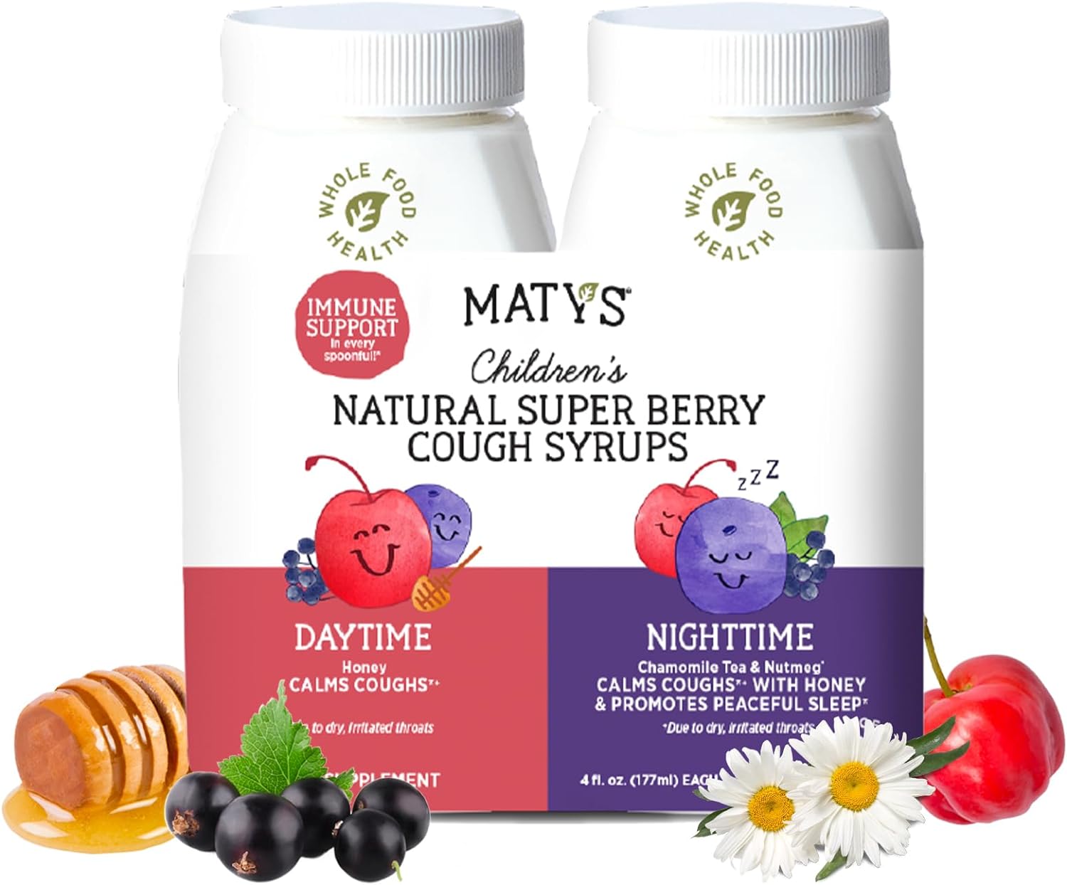Matys Super Berry Kids Cough Syrup Day & Night Value Pack for Children 1 Year + Up, Soothing Daytime & Nighttime Cough Relief from Our Elderberry Superfood Blend, Honey, & Zinc, 2 Pack, 4 Fl Oz Each