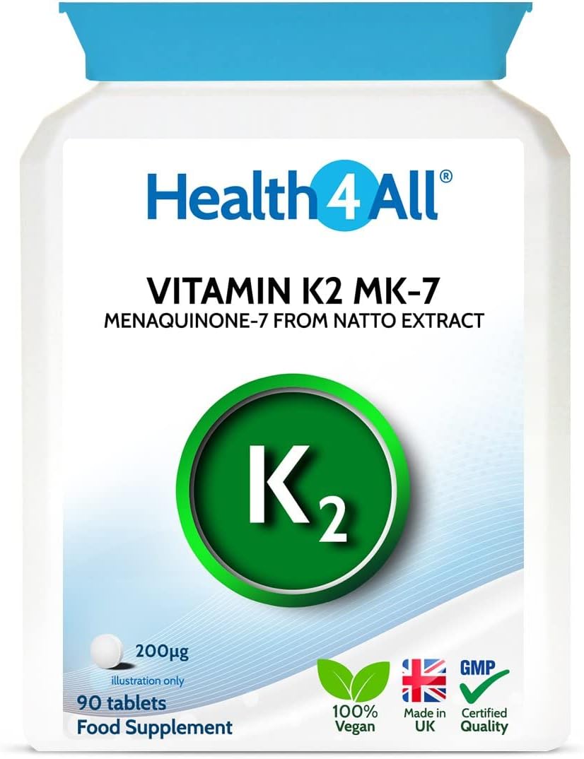 Health4All Natural Vitamin K2 Mk7 200Mcg From Natto, 90 Tablets 3 Months Supply, All-Trans Mk-7 From Natto Beans Fermentation, High Strength Vit K2 Vitamin Supplement, Vegan Menaquinone | Made In Uk