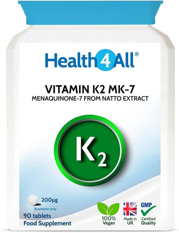 Health4All Natural Vitamin K2 Mk7 200Mcg From Natto, 90 Tablets 3 Months Supply, All-Trans Mk-7 From Natto Beans Fermentation, High Strength Vit K2 Vitamin Supplement, Vegan Menaquinone | Made In Uk
