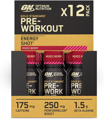 Optimum Nutrition Gold Standard Pre-Workout Energy Shot, Ready To Drink Food Supplement With Beta Alanine, Caffeine, Performelon Boost And Vitamin B6 And B12, Mixed Berry Flavour, 12-Pack, 12 X 60 Ml