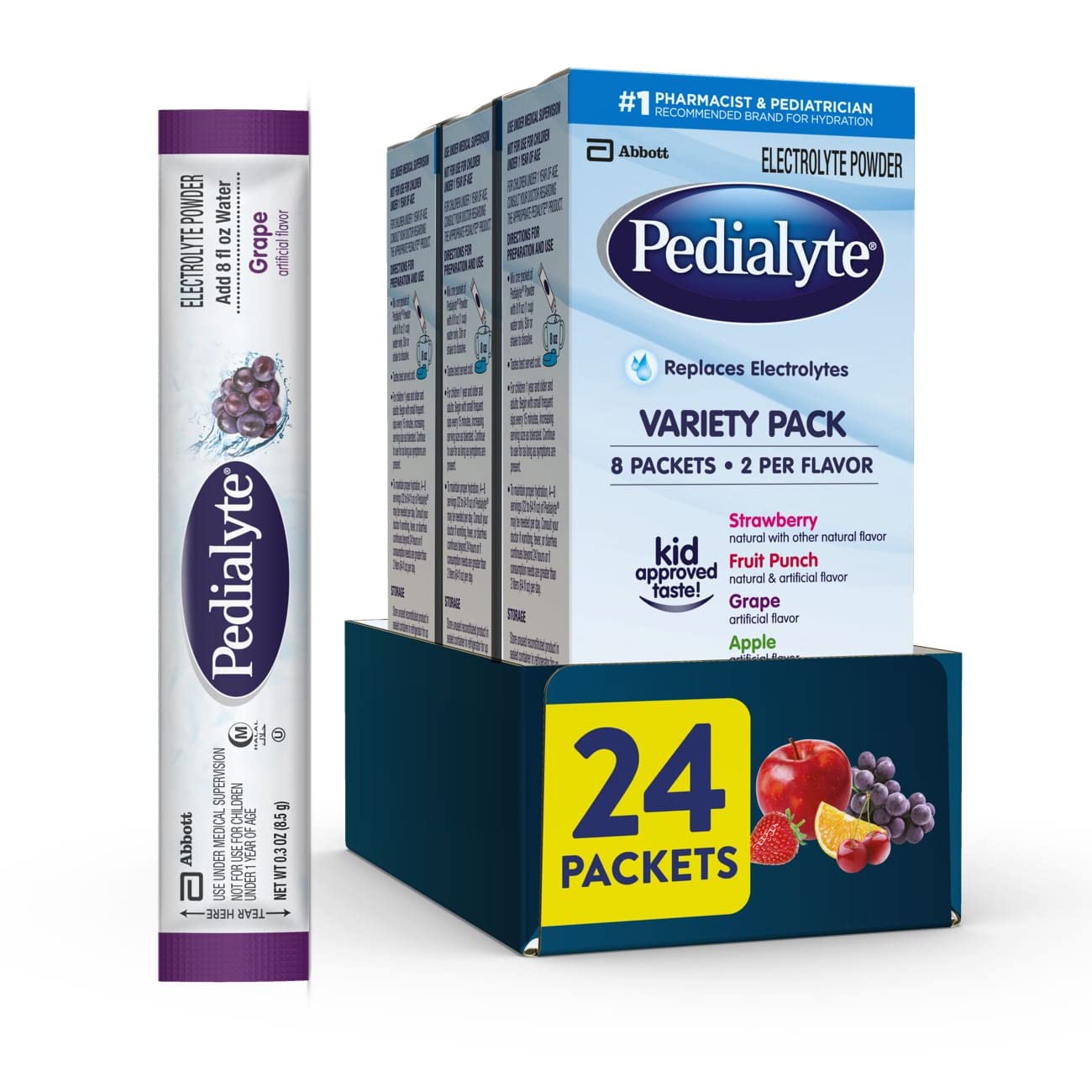 Pedialyte Electrolyte Powder Packets, Variety Pack, Hydration Drink, 8 Count (Pack Of 3) Single-Serving Powder Packets