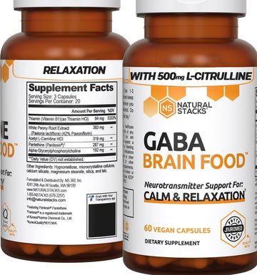 Natural Stacks Gaba Supplement W/L-Citrulline & Grape Seed Extract - Deep Relaxation And Calm - Night Time Aid -Promotes Healthy Production Of Gaba (Gamma-Aminobutyric Acid) - 60 Capsules