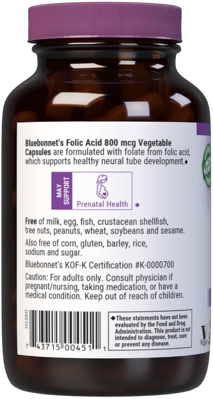 Bluebonnet Nutrition Folic Acid 800Mcg, Healthy Neurological Development, Soy, Dairy & Gluten Free, Non-Gmo, Kosher Certified, Vegan, Vegetable Capsules, 180 Count : Health & Household