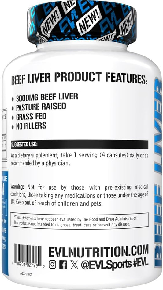 Evlution Grass Fed Beef Liver Capsules - Pasture Raised Desiccated 3000Mg - Supplement For Energy Immunity And Liver Support - Iron Rich Beef Organ Supplement For Men And Women (30 Servings)