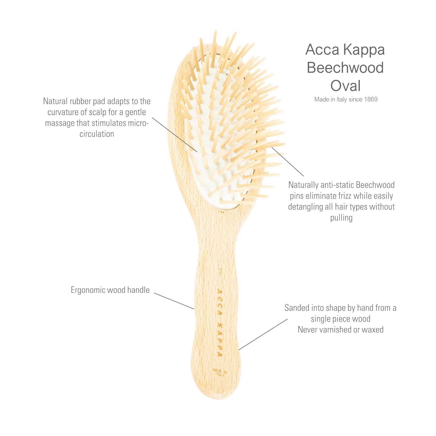 Acca Kappa Natural Oval Hair Brush Wooden Pins Beechwood Anti-Static Scalp-Massage Detangler