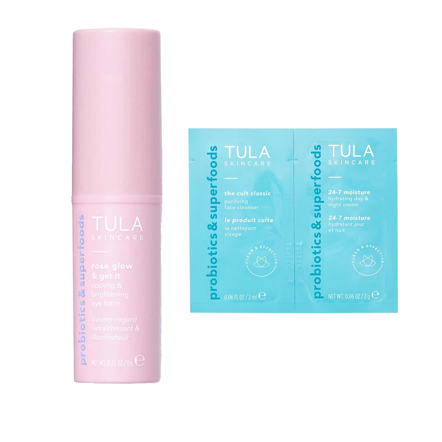 Tula Skin Care Eye Balm Rose Glow + 24-7 Hydrating Day Night Cream & Purifying Cleanser Dual Packette - Dark Circle Treatment, Instantly Hydrate And Brighten Undereye Area, 0.35 Oz