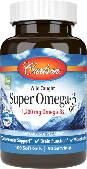 Carlson - Super Omega-3 Gems, 1200 mg Omega-3s, with EPA and DHA, Wild Caught Norwegian Fish Oil Supplement, Sustainably Sourced Fish Oil Capsules, Omega 3 Supplements, 100 Softgels