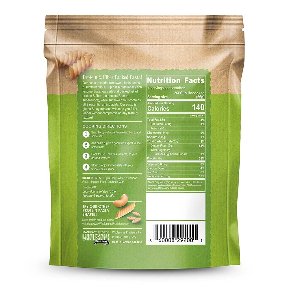 High Protein Pasta, 19G, Made With Lupin Flour & Sunflower Flour, 4G Net Carb, Gluten Free, Keto Pasta, Low Carb Pasta, Lupin Pasta By Lulupasta (Rotini, 1 Pack)