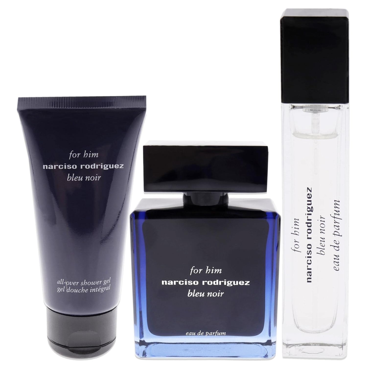 Narciso Rodriguez Bleu Noir For Men 3 Piece Set (3.4 Ounce Eau De Parfum Spray + 1.6 Ounce All-Over Shower Gel + 0.33 Ounce Eau De Parfum Spray)
