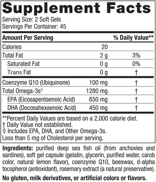 Nordic Naturals Ultimate Omega + CoQ10, Lemon - 90 Soft Gels - 1280 mg Omega-3 + 100 mg CoQ10 - Heart Health, Cellular Energy, Antioxidant Support - Non-GMO - 45 Servings