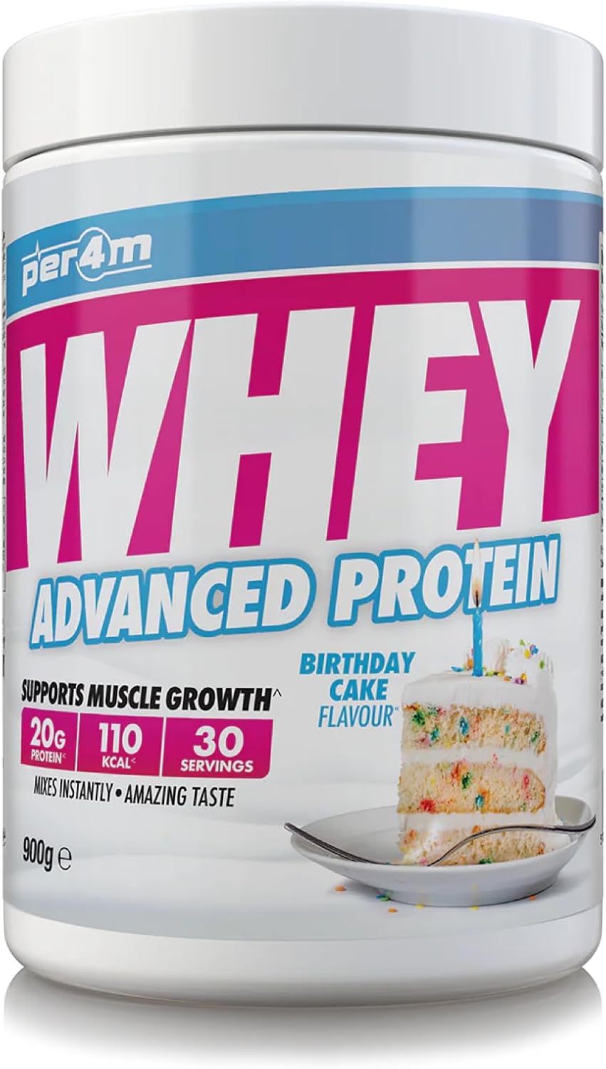Per4M Protein Whey Powder | 30 Servings Of High Protein Shake With Amino Acids | For Optimal Nutrition When Training | Low Sugar Gym Supplements (Birthday Cake, 900G)
