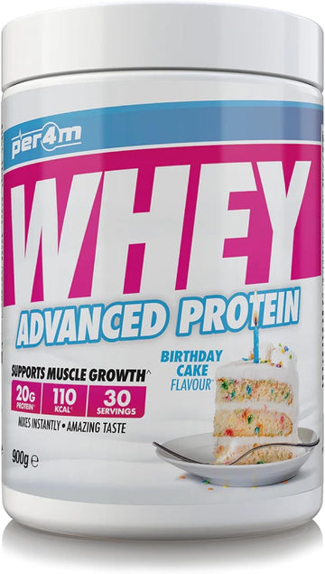 Per4M Protein Whey Powder | 30 Servings Of High Protein Shake With Amino Acids | For Optimal Nutrition When Training | Low Sugar Gym Supplements (Birthday Cake, 900G)
