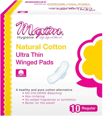 Maxim Natural Cotton Maxi Pad with Wings, 20ct, Regular Daytime Maxi Pads, No Chlorine/Dioxin/SAP, Biodegradable Sanitary Pad for Women, Breathable, Cotton Winged Pads, 2 Packs of 10 : Health & Household