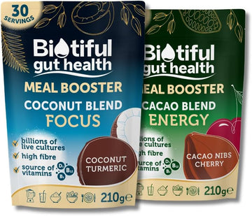 Biotiful Gut Health, Cacao Blend Energy & Coconut Blend Focus Bundle, Probiotics, Prebiotic Fibre, Source Of Vitamins D3 B5 B12, Greens Powder Alternative, Vegan Friendly, Gluten Free, 60 Servings