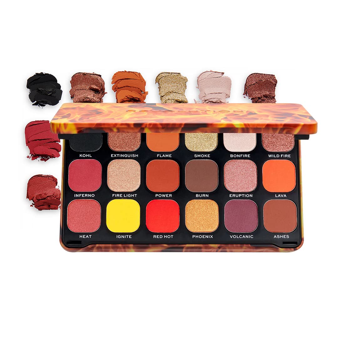 Makeup Revolution Forever Flawless Eyeshadow Palette, Fire, Matte & Shimmer Hues, 18 Pigment-Rich Shades, Cruelty-Free, 0.52 Oz