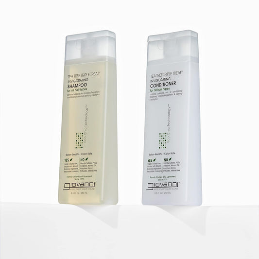 Giovanni Tea Tree Triple Treat Invigorating Shampoo & Conditioner Set - Cooling Peppermint, Eucalyptus, Rosemary, Helps Dry, Flaky Scalp, Salon Quality, Vegan, Cruelty Free, Paraben Free - 24 Oz Each