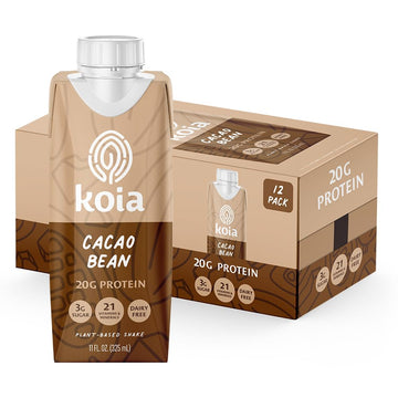 Koia - Plant Based Protein Shake - Cacao Bean - 20G Protein, 3G Sugar, 6G Prebiotic Fiber, 21 Vitamins & Minerals - Dairy Free, Soy Free, Non Gmo - Meal Replacement Drinks - 11 Fl Oz, 12 Bottles