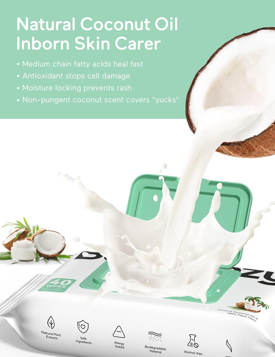 Baby Wipes, Cleansing & Moisturizing 2-In-1 Babycozy Sensitive, 100% Plant Fiber & Biodegradable, Hypoallergenic Baby Coconut Wipes Moisturize Every Cleanse, 240 Cnt (6 Pack)