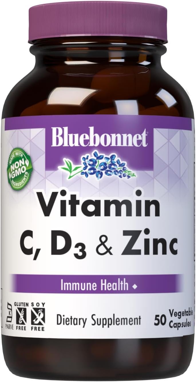 Bluebonnet Nutrition Vitamin C, D3 & Zinc, Immune Health*, Non-Gmo, Kosher Certified, Gluten-Free, Soy-Free, Dairy-Free, 50 Vegetable Capsules, 50 Servings