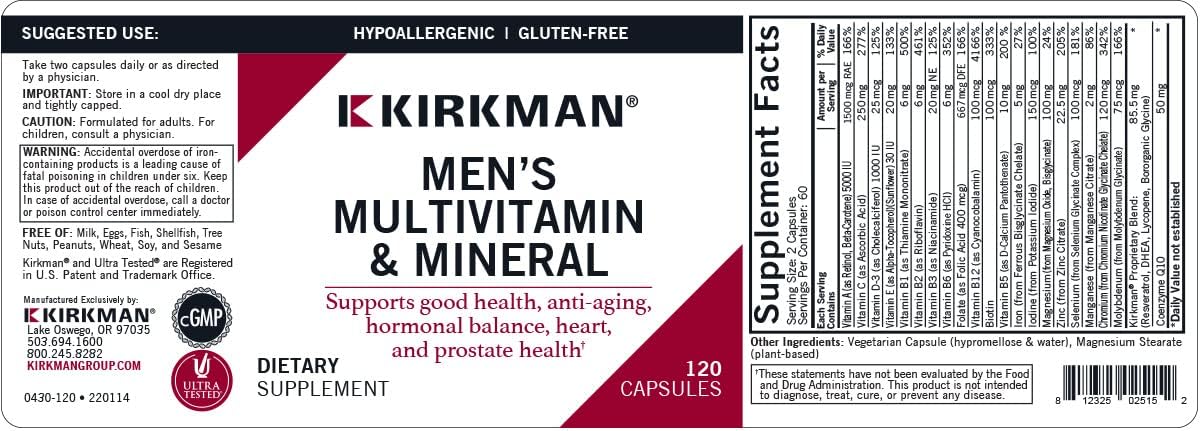 Kirkman 60 to 90 Men’s Multi-Vitamin and Mineral Boost | 120 Vegetarian Capsules | Provides Comprehensive Vitamin and Mineral Support for Senior Men | Gluten and Casein Free : Health & Household